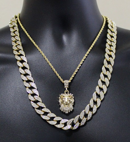 Mens 3pc Set Lion Head Cuban Link 14k 