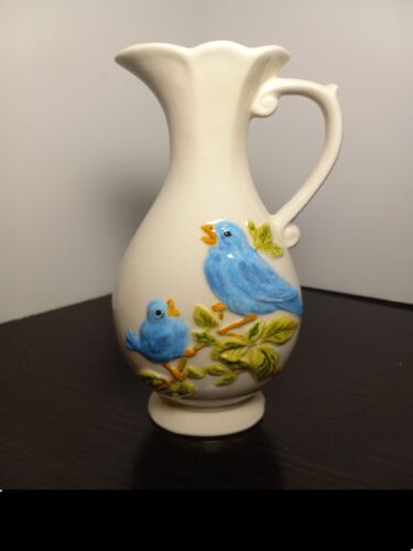 Vintage 1977 CREAMER HOLDER Bud Vase Blue Bird Spring Summer Ceramic Handpainted - Picture 4 of 24