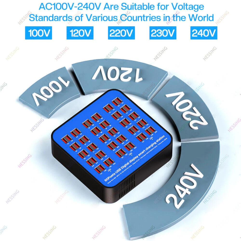60-Port 300W Fast USB Hub Charger for Phones and Devices