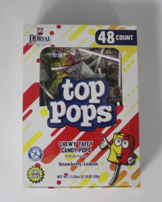 Dorval Top Pops Strawberry Lemon Chewy Flat Taffy Candy Lollipops 48 Count Box 