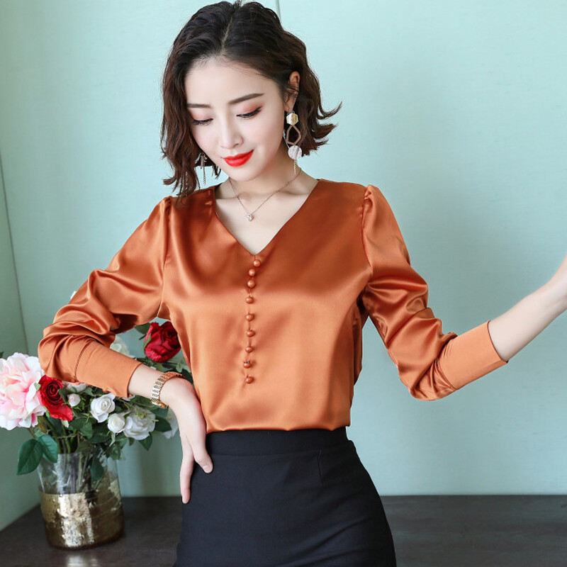 Womens Imitated Silk Satin Business Shirt Slim Satin Blouses