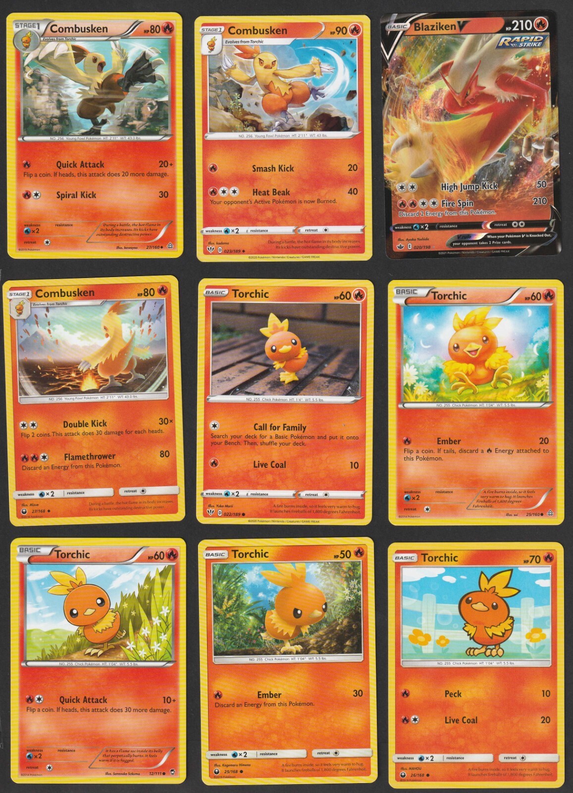 Torchic Combusken Blaziken Pokemon Card Collection Set of 9 English Holo Rare V