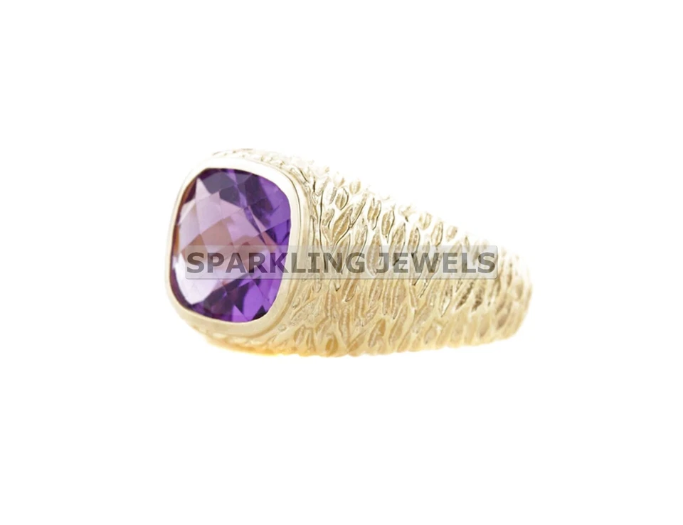 VVS Amatista Corte Cojín Con Anillo Chapado en Oro Plata 925 Para Hombre #B335 Foto 2 de 4