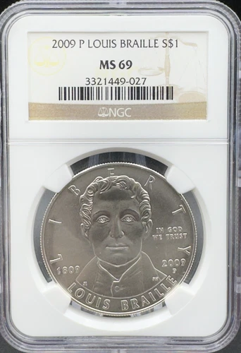 2009 P Louis Braille Commemorative Silver Dollar NGC MS69