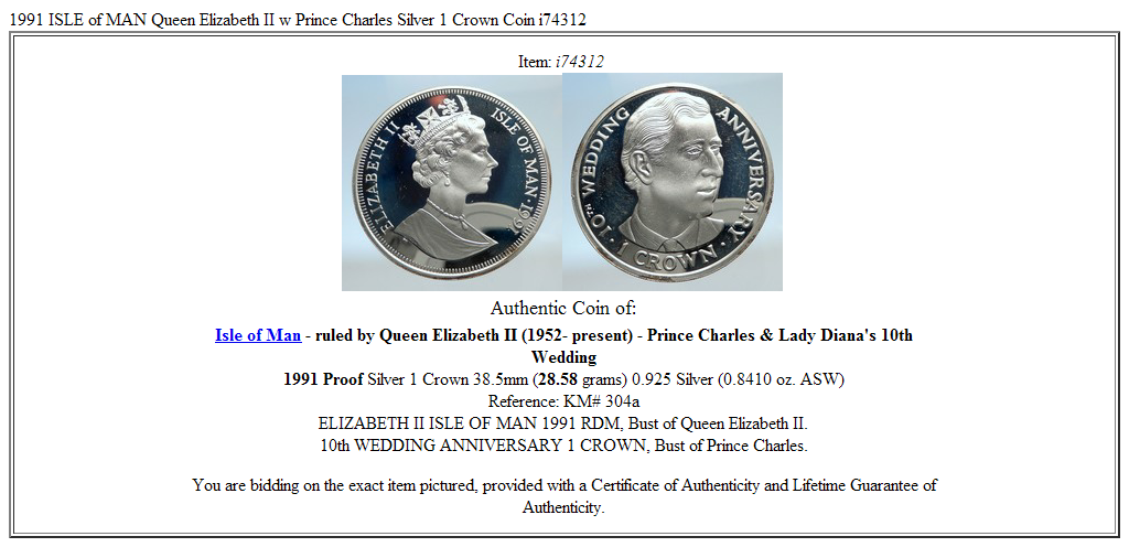 1991 ISLE of MAN Queen Elizabeth II w Prince Charles Silver 1