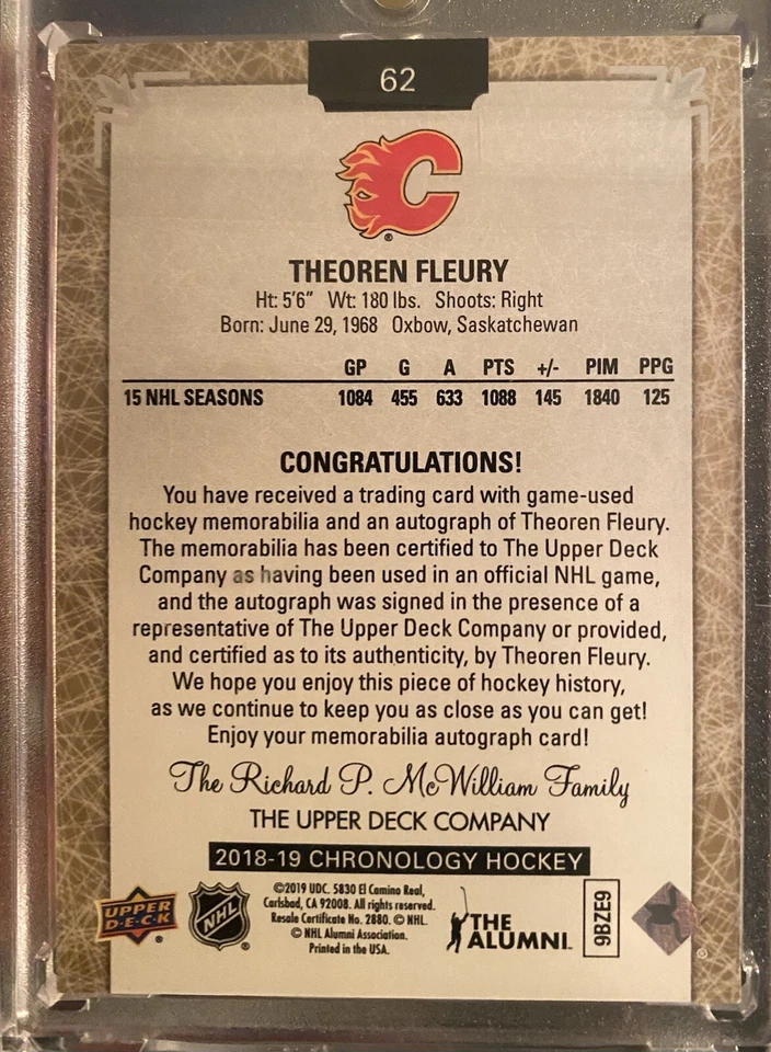 Parche automático premium Upper Deck Chronology 2018-19/25 Theoren Fleury #62 Foto 2 de 2