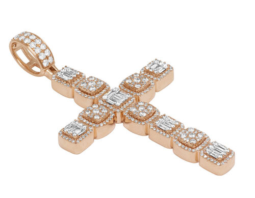 14K Rose Gold Halo Baguette Cluster Real Diamond Cross Pendant 3" 3 1/2CT - Afbeelding 2 van 5