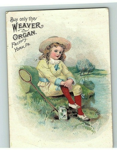 Handel Victorian Card Weaver Organ Factory entzückendes Mädchen Angeln am See - Bild 2 von 4