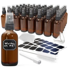 Nevlers 4 oz Amber Spray Bottles (Set of 48) | Includes Funnel, Brush and Marker