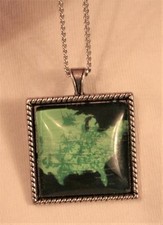 Lovely Bead Rim Square Silvertone Map of the USA North America Pendant Necklace
