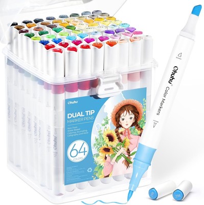 Ohuhu Markers for Adult Coloring Books No bleeding 64 Colors Water-based Colorin