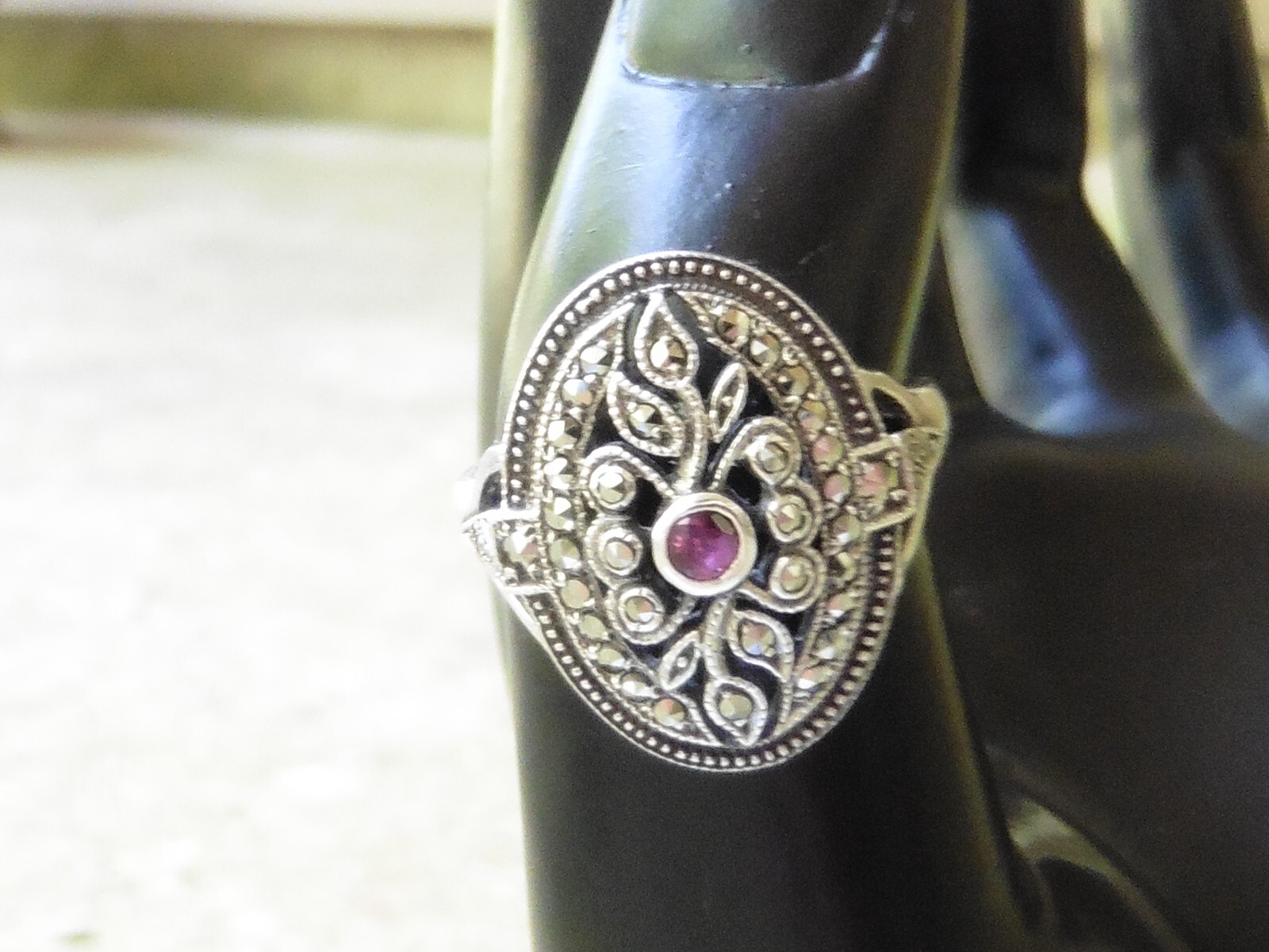 Sterling Silver 925 Marcasite Ruby Ring - image 2