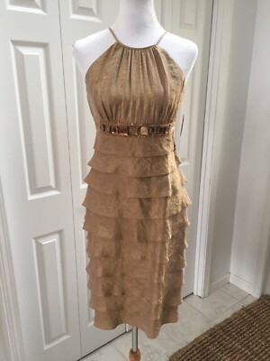 NWT Adrianna Papell Gold Jeweled Empire Waist Tiered Sash Dress 015184810 8  | eBay