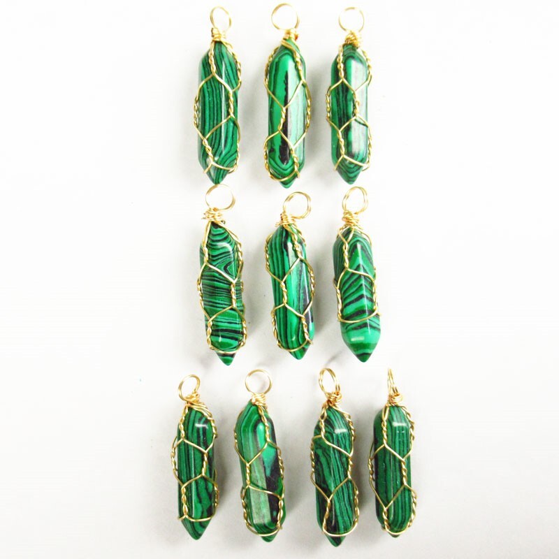 10Pcs Man-made Malach Hexagonal Reiki Healing Amulet Pendant Bead PJ3967