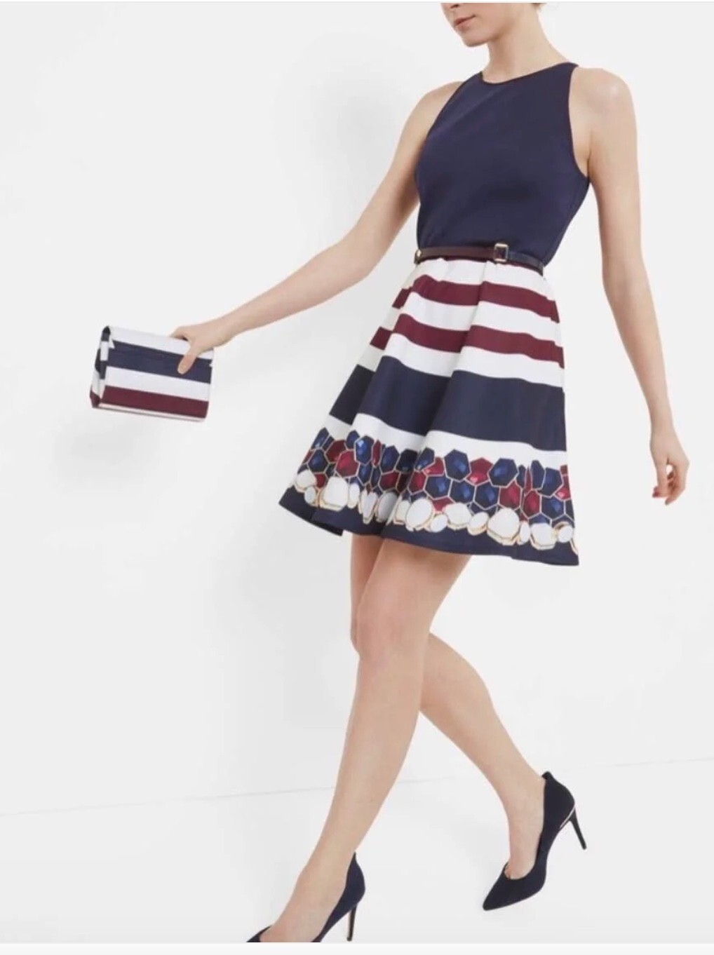 FILA NUOVO abito Ted Baker Annalie aderente svasato canottaggio righe cintura senza maniche blu taglia XS