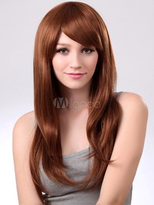 100 Human Hair Sexy Brown Synthetic Side Swept Bangs Fashion Long