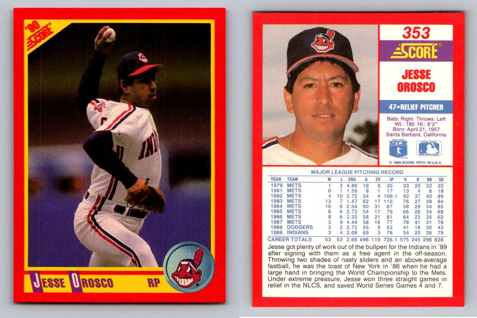 Jesse Orosco Pitcher Cleveland Indians Score 1990 Card 353 Sports Memorabilia