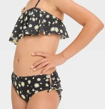 NEW NWT Girls Sz Small 6/7 Ruffled Black Floral Bikini 2 Pc Swimsuit ART CLASS