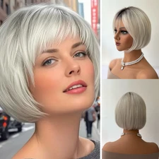 Synthetic Hair Short Straight Ombre White Blonde Bob Wigs with Bangs for Women