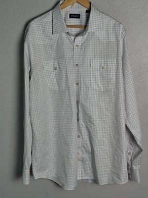 Stantt Shirt Mens XL White Navy Brown Graph Check Long Sleeve Cotton Button Up