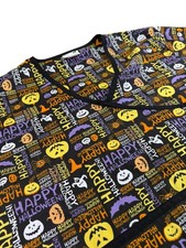 Peppermint Scrubs Black Happy Halloween Scrub Top Size XL Jack O Lantern Purple