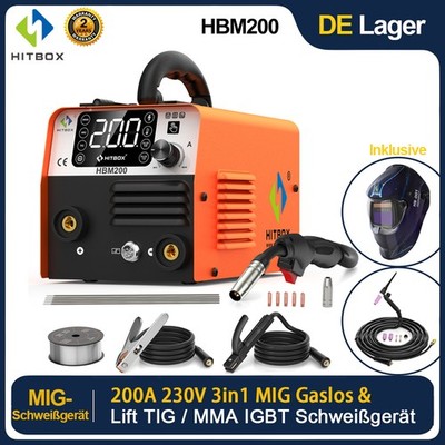 HITBOX 3in1 MIG-Schweißgerät STICK DC 200A 240V IGBT Mini Gaslos Schweißmaschine