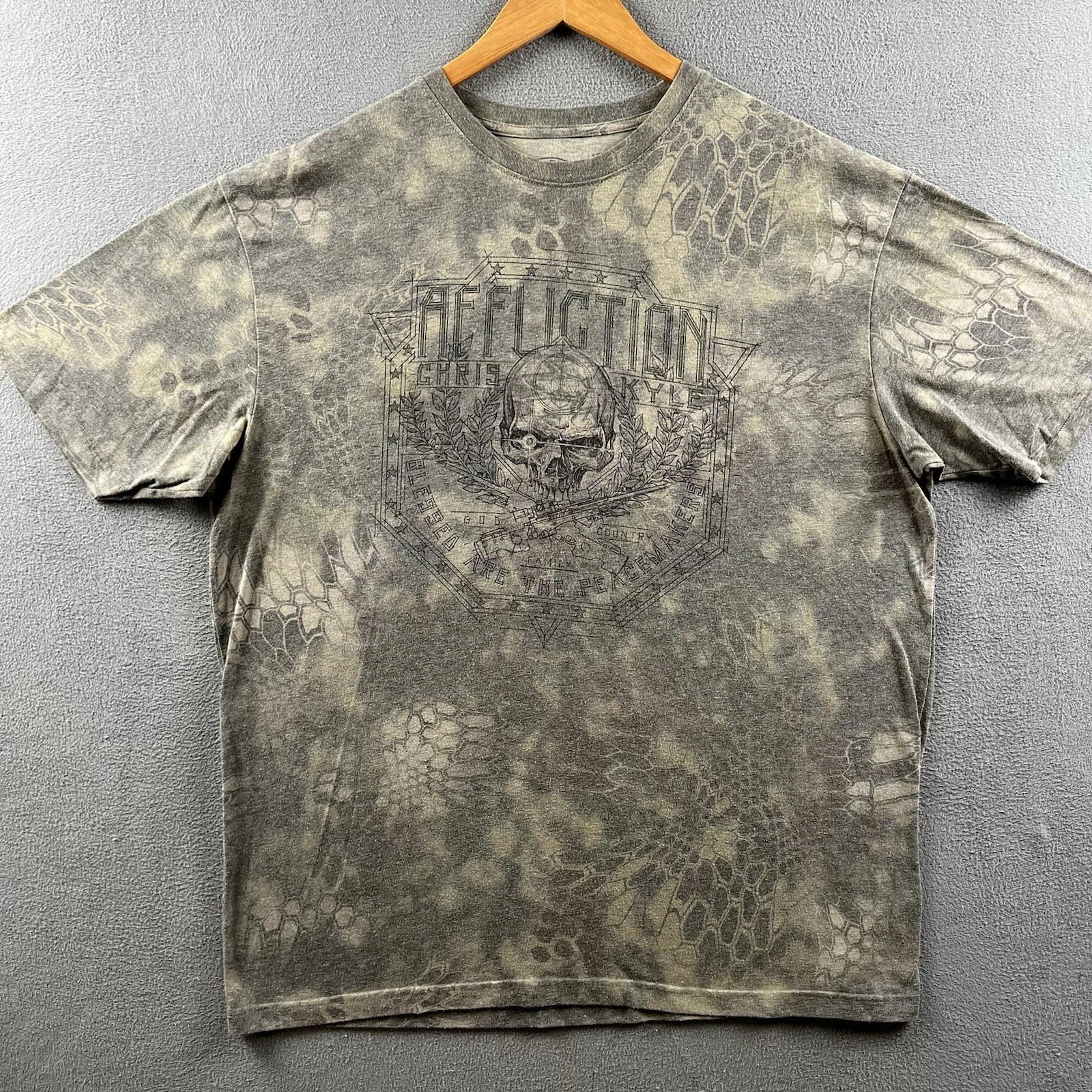 Affliction Shirt Mens 3XL Green Chris Kyle Skull Sniper Rifle Grunge Army Y2K