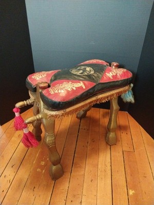 Antique Ottoman Egyptian Camel Saddle Leather Wood Ornate Foot Stool Vintage