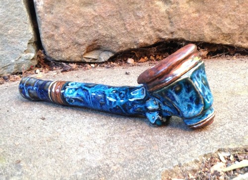 Sculpted Ceramic Pipe With Layered Frozen Pond Glazes - Handmade Studio Pottery - Picture 10 of 10