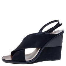 TORY BURCH Navy Blue Suede Leather Sling Back Wedge Platform Sandals 8.5 M GUC