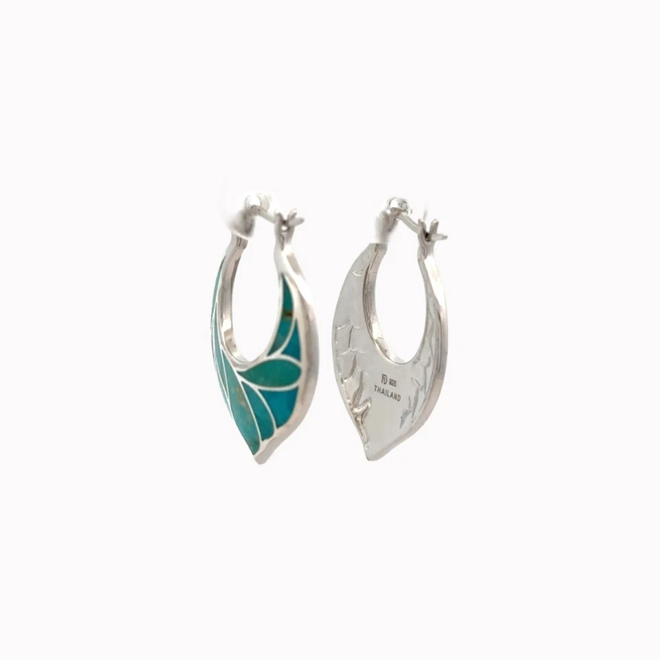 925 Sterling Silver Rhodium Plated Hoop Earrings Real Turquoise Inlay Jewelry - Image 3 of 4