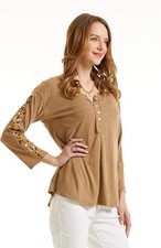 1X NWOT Women's Sonja Betro LW Embroidered Flower Sleeve Brown 3/4 Slv Henly Top