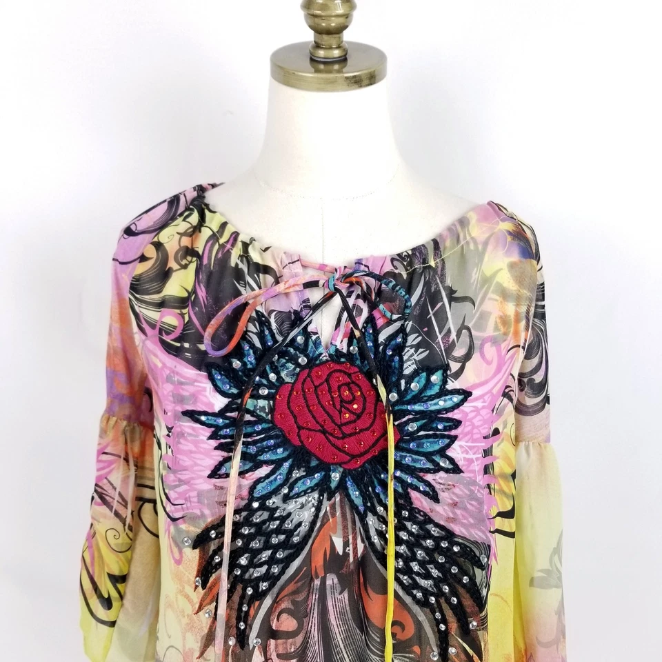 全新 Spy Zone Exchange 刺绣雪纺束腰外衣 M 码粉色多色闪亮 — 第 4/4 张图片