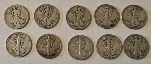 Group of 10 Walking Liberty Half Dollars, well circulated