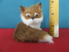 929.  Vintage Realistic Red Fox with Real Rabbit Fur Figurine Glass Eyes