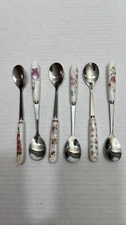 6 PC Stainless Steel Floral Ceramic Handle Coffee Tea Demitasse Spoons