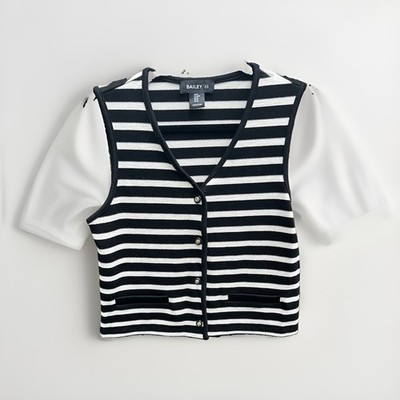 Bailey 44 Womens Black White Striped Knit Vest Button Front Gold Crest Buttons M