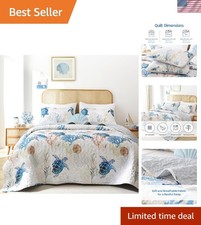 Coastal Quilt Set Queen Size Sea Turtle Ocean Print Microfiber Bedding
