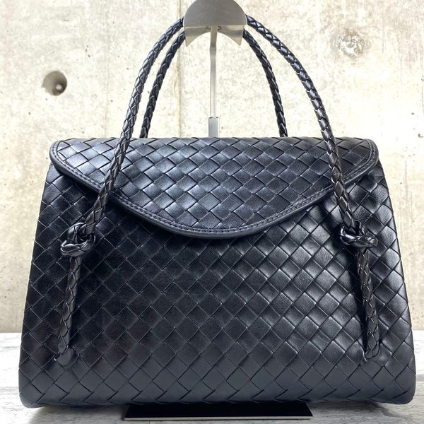 BOTTEGA VENETA Intrecciato Flap Frame Handbag Braided Leather Black Womens