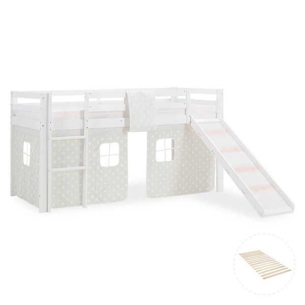 Hochbett 90X200 Kinderbett Mit Rutsche Stockbett Vorhang Weiß Grau Homestyle4U-image