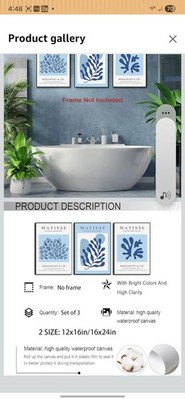 BingruiArt Blue Matisse Wall Art Canvas Boho Flower Set of 3 Minimalist Plant