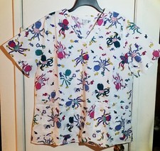 Women's Medical Scrub Top Octopus Fish Ocean Sea Creatures Med 2 Pockets