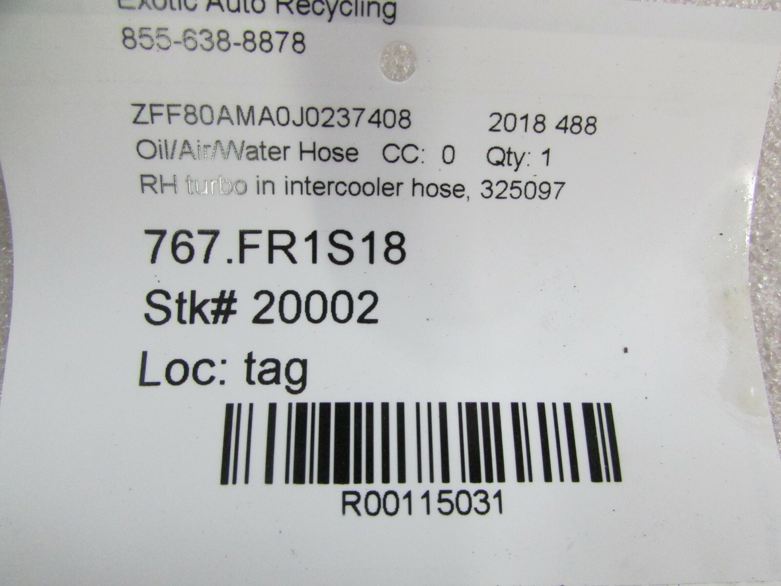 Ferrari 488, RH, Right Lower Intercooler Hose, Used, P/N 325097