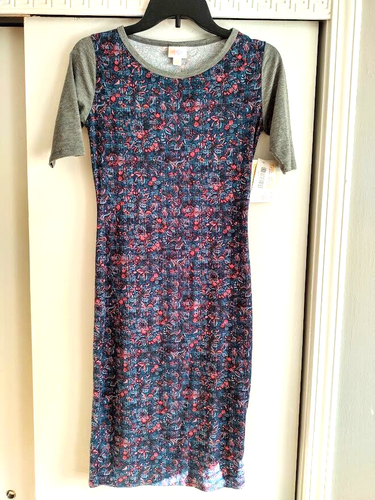 LulaRoe Julia Summer Casual Cotton Midi T-Shirt Dress Size XXS Navy & Multicolor - Picture 9 of 9