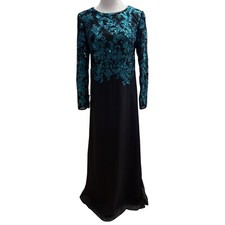 JJ House Black Teal A-Line Scoop Maxi Length Lace Floral Chiffon Evening Dress 6