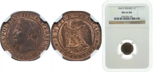 1 centime 1862 A Napoléon III tête laurée France NGC MS64 RB SPL KM#795.1