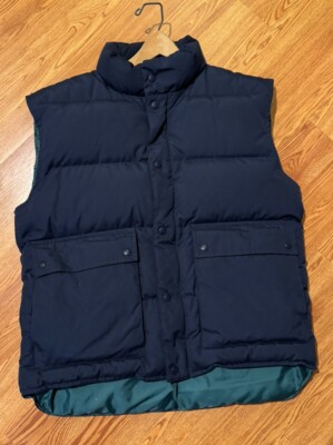 Eddie Bauer Blue Nylon Puffer Down Vest M Zip Up Snap Drawstring Camp Outdoors