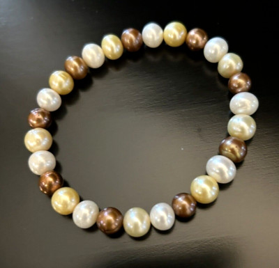 Perlenarmband mehrfarbig 7 3/4'' Bronze creme, weiß gelb 7-8mm NEU Nachlass