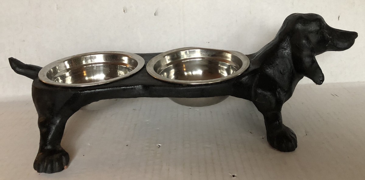 Cast Iron Dachshund Dog Figural Dog Feeding Stand Stainless