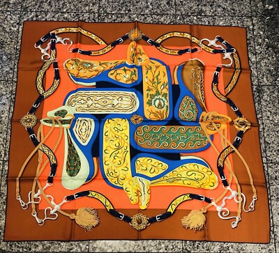 HERMES Paris “ Festival des Amazones” 100% Silk Brown Blue Scarf